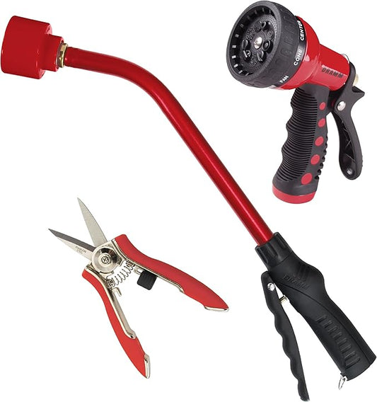 DRAMM 50031 Watering and Tool Set in Green Includes 16-Inch Touch 'N Flow Pro Rain Wand, 9-Pattern Revolver Spray Gun, and Compact Shear, Red