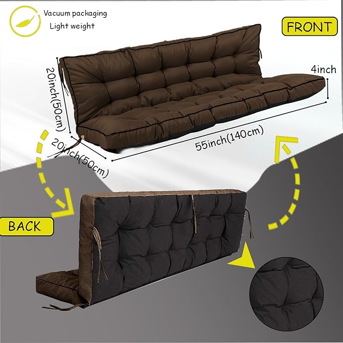 Porch Swing Cushion Three Seat, Waterproof Swing Cushions Replacement with Backrest, Outdoor Garden Furniture Patio 4" Thickened Cushions with Ties (Coffee, 40 x 55in)