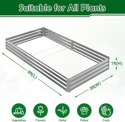 6x3x1FT Galvanized Raised Garden Bed Outdoor Patio, Large Rectangular Metal Planter Boxes,Plant Container Kit for Gardening, Vegetables, Flowers, Herbs,Silver,1 Pack