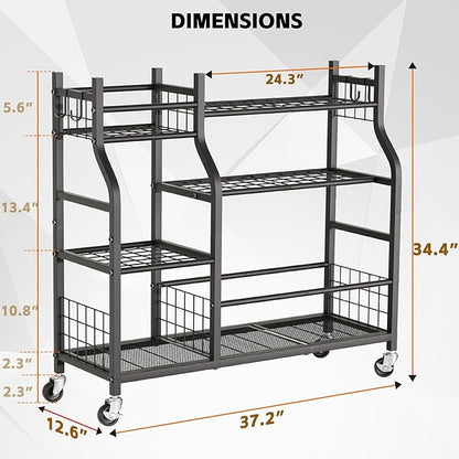 Garden Tool Organizer with Wheels for Garage and Shed, Spacious Tool Storage, Multi-Tier Design with Side Hooks for Rakes, Shovels, Brooms, and Yard Tools Rolling Cart