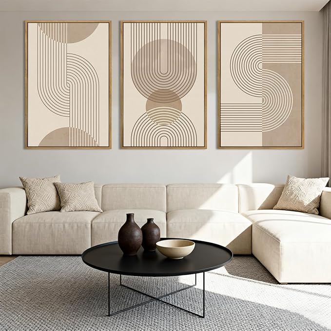 Anyzal Extra Large Boho Neutral Abstract Framed Wall Art 24x36 Inch Beige Modern Minimalist Canvas Wall Decor Mid-century Geometric Artwork for Living Room Bedroom Set of 3