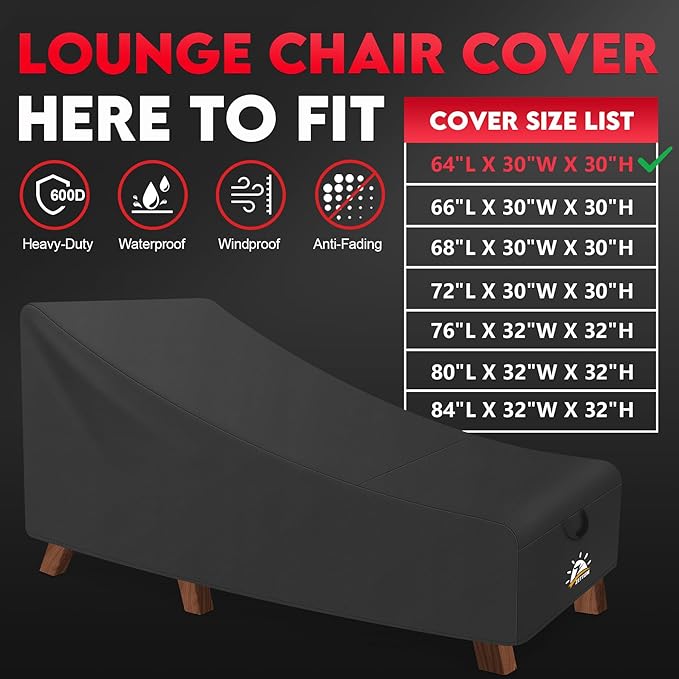 Zettum Outdoor Lounge Chair Cover - Waterproof Patio Chaise Lounge Chair Cover, 600D Heavy Duty Fade-Resistant Outdoor Seating Covers For Pool Lounge Chair, Lawn Bench Furniture 64 x 30 x 30 Inch