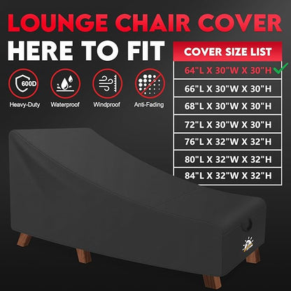 Zettum Outdoor Lounge Chair Cover - Waterproof Patio Chaise Lounge Chair Cover, 600D Heavy Duty Fade-Resistant Outdoor Seating Covers For Pool Lounge Chair, Lawn Bench Furniture 64 x 30 x 30 Inch