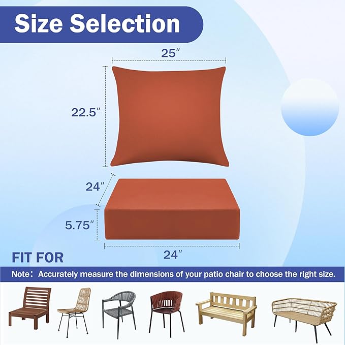 IASEAHK Outdoor Seat Cushion Set, Waterproof & Fade Resistant Patio Chair Cushions, Outdoors Cushion for Patio Furniture, 24 x 24 x 5.75 Inch, Outdoor Couch Cushions with Handle and Ties, Spice