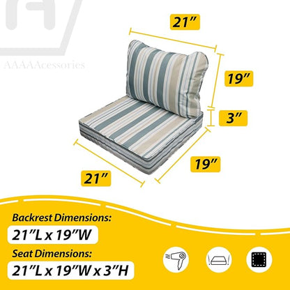 AAAAAcessories Outdoor Seat Cushions for Chairs, Fade-Resistant, Waterproof Patio Furniture Replacement Cushions, 21" x 19" x 3" + 21" x 19", Slate Gray Blue Coastal Stripe