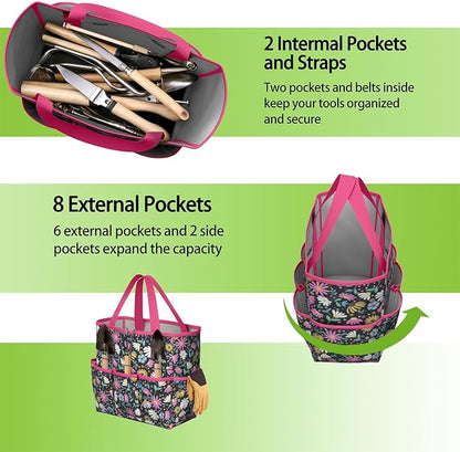 Floral Garden Tool Bag - Waterproof Garden Tote with 8 Pockets, Large Storage Home Organizer Gardening Tool Oxford Bag for Garden Tools Kits Holder, Ideal Outdoor Gardening Gift for Women & Men