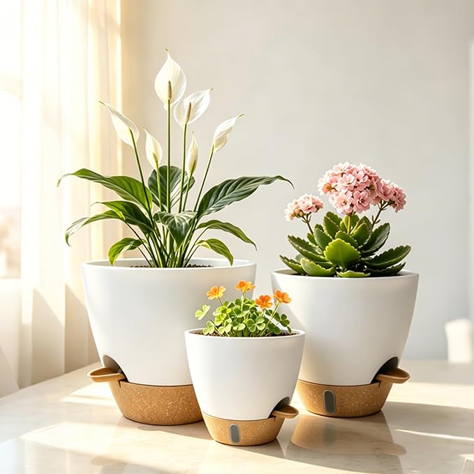 4-Pack Large Self Watering Pots for Indoor Plants, 12/10/9/8 Inch Planters with Visible Water Level Window, Automatic Watering System for Monstera, Fiddle Leaf, Herbs, Succulents, White