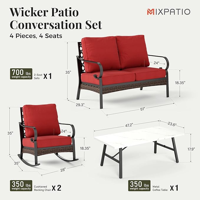 Patio Furniture Set with Firepit Table, Black Frame Outdoor Conversation Set with 2 x Rocking Chair, 1 x 2-Seat Sofa for Lawn Garden Backyard, Red