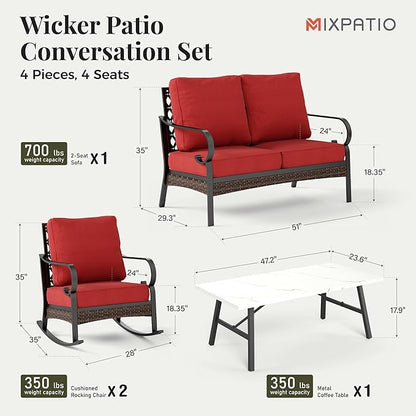 Patio Furniture Set with Firepit Table, Black Frame Outdoor Conversation Set with 2 x Rocking Chair, 1 x 2-Seat Sofa for Lawn Garden Backyard, Red