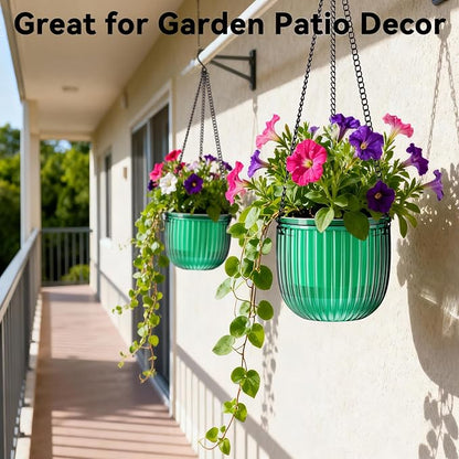 Halatool 2 Pack Self Watering Hanging Planters for Plants, 8.3 Inch Hanging Baskets, 3 Hooks Plant Hangers with Drainage Holes for Gardening (Green)