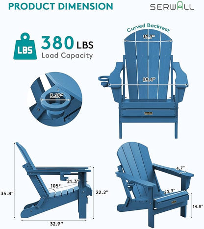SERWALL Folding Adirondack Chair Set of 6, Weather Resistant HIPS Lawn Chairs with Cup Holder for Garden Outdoors Fire Pit- Sapphire