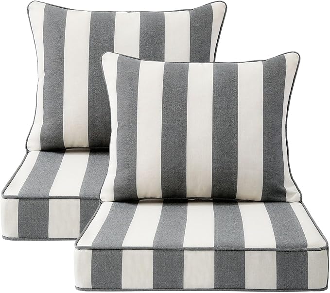 Outdoor Patio Chair Cushions Set, 22" x 22", Set of 2, Water-Repellent, Fade Resistant, Deep Seat Bottom and Back Cushion for Backyard, Couch, Sofa and Patio Furniture, Gray Stripe