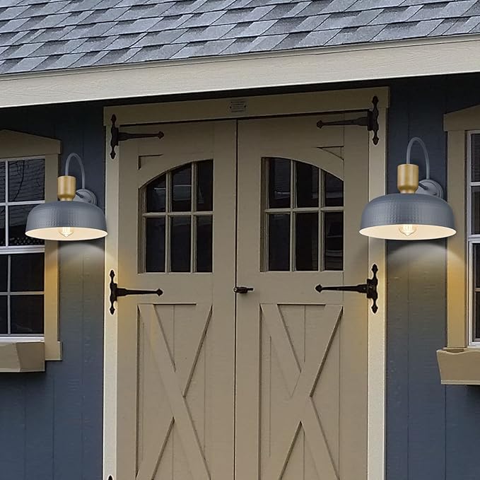 Outdoor Barn Light Hammered Barn Light, Farmhouse Exterior Wall Mount Light Vintage Wall Lighting Fixture Industrial Sconce Lantern for Porch, Entryway, Garage, Blue, 2 Pack