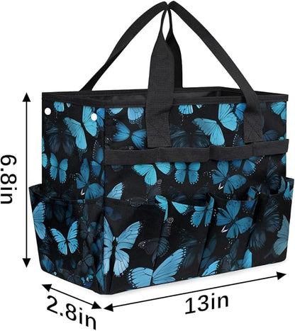 Butterfly Blue Gardening Tool Bag,Heavy Duty Garden Tote Bag,Portable Oxford Gardening Storage Basket Organizer Handbag with Pockets Handle,Hand Tools Gifts for Outdoor Garden Lawn Yard