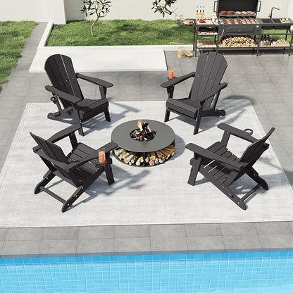Folding Adirondack Chairs with Cup Holders, Set of 4 HDPE Plastic Outdoor Chairs, Weather Resistant, Real Wood Look, Heavy-Duty Patio Furniture for Deck, Fire Pit, Backyard, Black