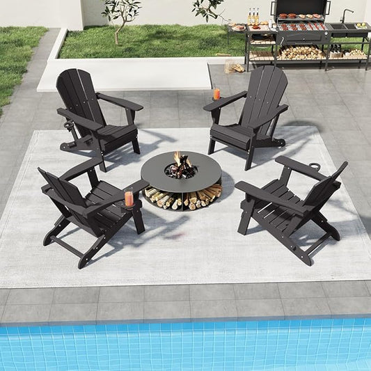 Folding Adirondack Chairs with Cup Holders, Set of 4 HDPE Plastic Outdoor Chairs, Weather Resistant, Real Wood Look, Heavy-Duty Patio Furniture for Deck, Fire Pit, Backyard, Black