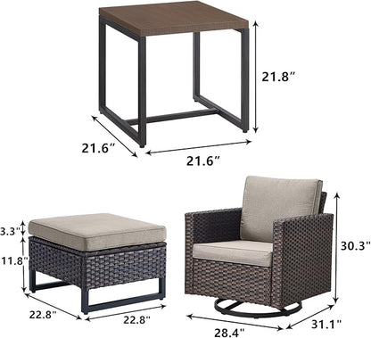 Rilyson Wicker Outdoor Patio Furniture Set - 5 Piece Patio Conversation Set with 2 Swivel Rocker Chairs,2 Rattan Ottoman and 1 Metal Side Table for Outside Porch Deck Backyard Garden(Brown/Grey)