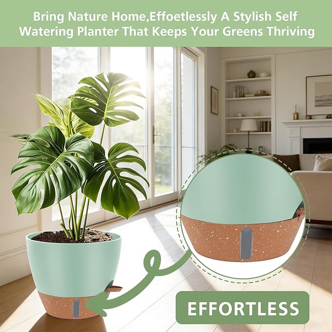 Self Watering Planters Set with Water Level Indicator, 12" 10" 9" 8" Large Plastic Flower Pots with Mesh Drainage Hole and Removable Saucer Reservoir for Indoor Outdoor Plants (Green)