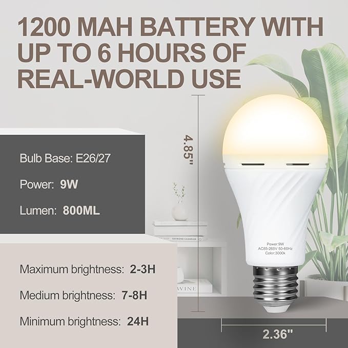 10 Packs Rechargeable Light Bulbs,Emergency Light Bulbs Socket Self-Charging, 3000K Battery Powered Light Bulb for Lamps and Wall Sconces, Up to 24 Hours Outdoor Camping, Hiking, Hurricane Use