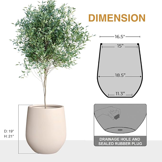 21" H x 19" D Corso Fiberstone Round Tapered Planter, Christmas Tree Planter, Smooth Finishes, Weather Resistant for Indoor & Outdoor Use, 2 Extra Coco Mats (Kilim Beige, 15" Pot Opening)