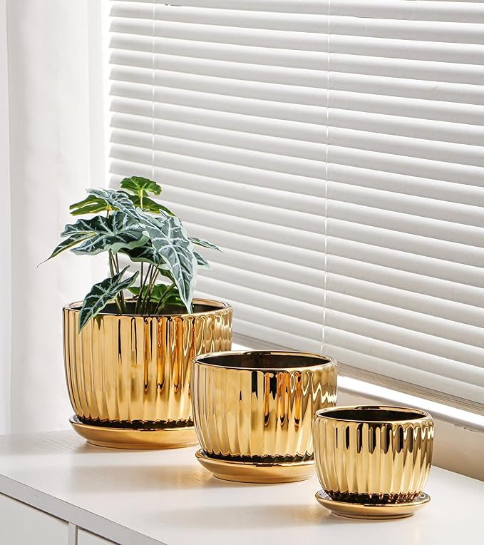Ton Sin Gold Plant Pots,4.1+5.1+6.5 Inch Ceramic Succulent Planters Set of 3,Indoor Flower Pot with Drainage,Handmade Decorative Ceramic Orchid and Herb Pots(Gold)