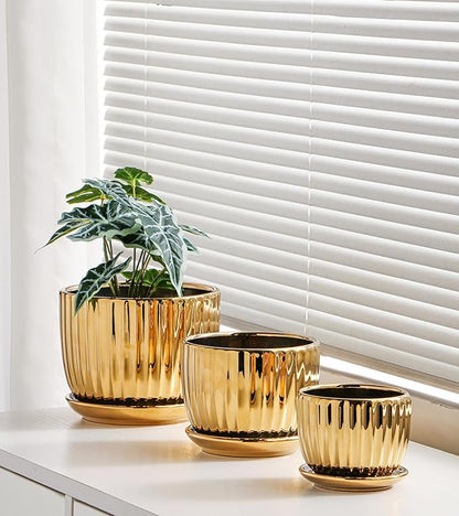 Ton Sin Gold Plant Pots,4.1+5.1+6.5 Inch Ceramic Succulent Planters Set of 3,Indoor Flower Pot with Drainage,Handmade Decorative Ceramic Orchid and Herb Pots(Gold)