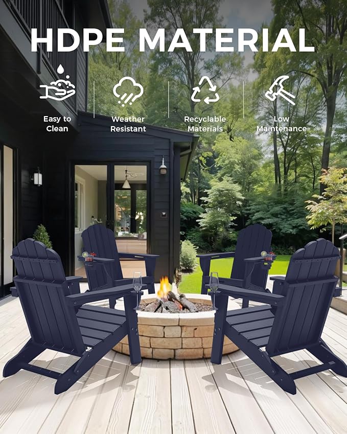 Adirondack Chairs Set of 2, HDPE Material Fire Pit Chairs, Plastic Adirondack Chairs with 2 Cup Holder, Outdoor Lawn Chair for Patio Garden, Dark NavyBlue