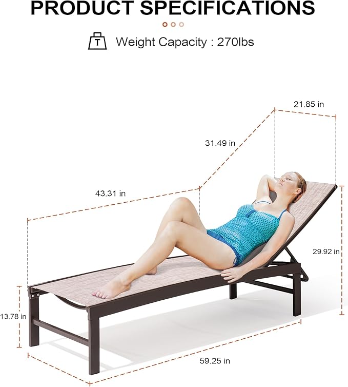 Crestlive Products Aluminum Chaise Lounge Chair Outdoor Set of 2, Adjustable 5 Positions Outdoor Lounge Furniture, Pool Tanning Recliner Perfect for Patio, Lawn, Yard, Pool