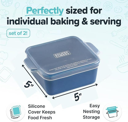 Souper Cubes Ceramic Baking Dishes 2.0-5" x 5" Baking Dishes with Silicone Lids, Individual Baking Dishes for Oven, Microwave, Oven and Air Fryer Safe, USA Made, Set of 2 - Blueberry