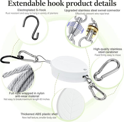 2026New 3Pcs Retractable Plant Hanger with Leaf Texture,44Lbs Load Capacity,Auto Lock,Adjustable Hook for Hanging Plants,Bird Feed,Wind Chimes,Garden Pots,Rust-Proof Stainless Steel,White