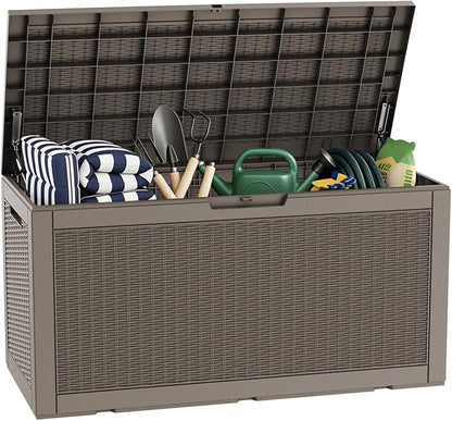 100 Gallon Deck Box, Waterproof Resin Rattan Outdoor Storage Box Lockable for Patio, Fade Resistant Outdoor Side Table & Organizer for Garden Tools, Pool Floats, Outdoor Cushions, Light Coffee