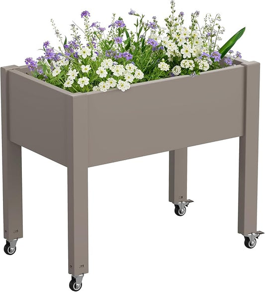 Elevated Raised Garden Bed with Wheels - Outdoor Mobile Resin Planter Box with Drainage Holes for Vegetables Flower Herbs, Weather Resistant (Gray)