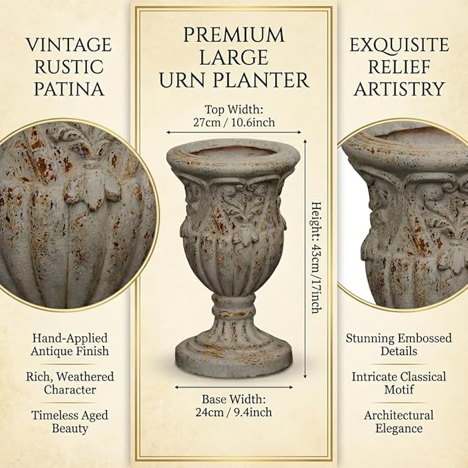 17 Inch Vintage Planter for Outdoor Plants, Embossed Design Durable and Sturdy Resin Fiber Flowerpots with Drainage Hole, Decorative Orchid Houseplant Pot Indoor Outdoor Plant Container