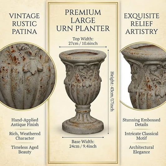17 Inch Vintage Planter for Outdoor Plants, Embossed Design Durable and Sturdy Resin Fiber Flowerpots with Drainage Hole, Decorative Orchid Houseplant Pot Indoor Outdoor Plant Container
