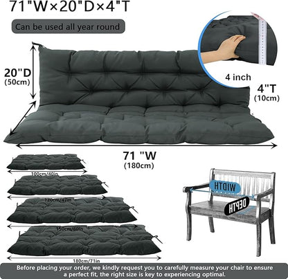 Outdoor Swing Cushions 3 Seater Waterproof, Replacement Bench Cushions for Outdoor Patio Furniture with Backrest, Porch Swing Cushion with Ties for Lawn and Garden (Dark Gray, 40x71in)