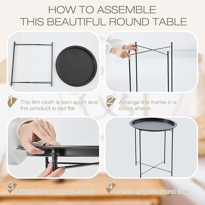 Kigley Set of 4 Metal Side Table Folding Tray Round Foldable End Table Outdoor Tray Table Small Stable Snack Nightstand for Outdoor Indoor Living Room Bedroom Patio, Black, 18.5 x 18.5 x 19.7''