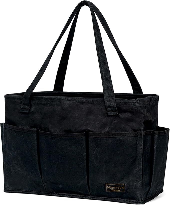 Heavy-Duty 16 oz. Waxed Canvas Tool Bag with 9 Pockets – Foldable Open-Top Design Featuring Dual Carry Handles, 15.5"x7.5"x10.5"