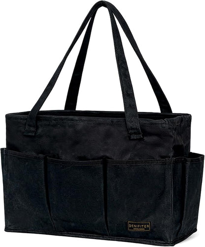 Heavy-Duty 16 oz. Waxed Canvas Tool Bag with 9 Pockets – Foldable Open-Top Design Featuring Dual Carry Handles, 15.5"x7.5"x10.5"