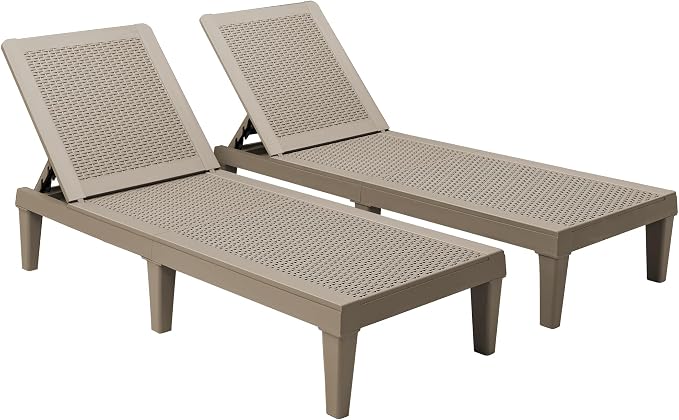 Devoko Outdoor Chaise Lounge Chair Set of 2 for Outside Pool Patio, Adjustable Waterproof Easy Assembly Chaise Lounge Outdoor (Light Brown, Set of 2)