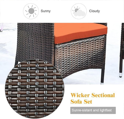 Goplus 4-Piece Rattan Patio Set, Outdoor/Indoor Wicker Conversation Set for Pool, Backyard, Lawn, Wicker Chairs and Sofa with Soft Cushion, Rattan Furniture with Tempered Glass Coffee Table
