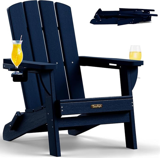 Folding Adirondack Chair 1 Pack, HDPE All-Weather Fire Pit Chairs, Plastic Adirondack Chairs with 2 Cup Holder, Outdoor Lawn Chair for Patio Garden (Navy Blue)