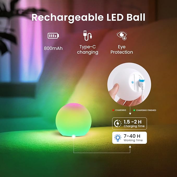 LOFTEK 3-inch Smart Sphere Night Light, Multi-Color Rechargeable Ball Lights, RGB Mood Lighting, Waterproof Ambient Light for Home Bedroom Patio Pool Decorative Lighting, Birthday, Xmas Gift, 1 Pack