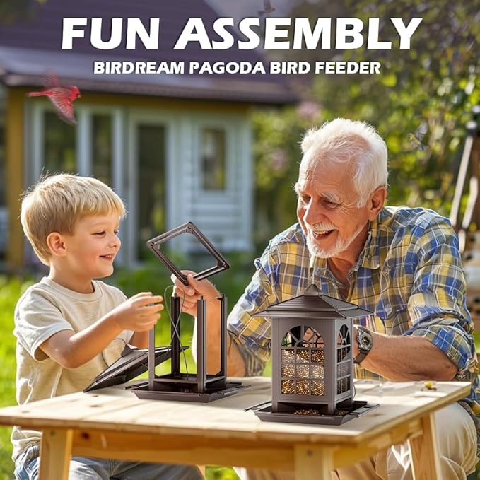 Birdream 2 Pack Bird Feeders for Outdoor Hanging, Assembly Required, 1-Min Easy Setup, Classic Courtyard Design, Attracting Cardinals Chickadees Goldfinches & Sparrows - Brown