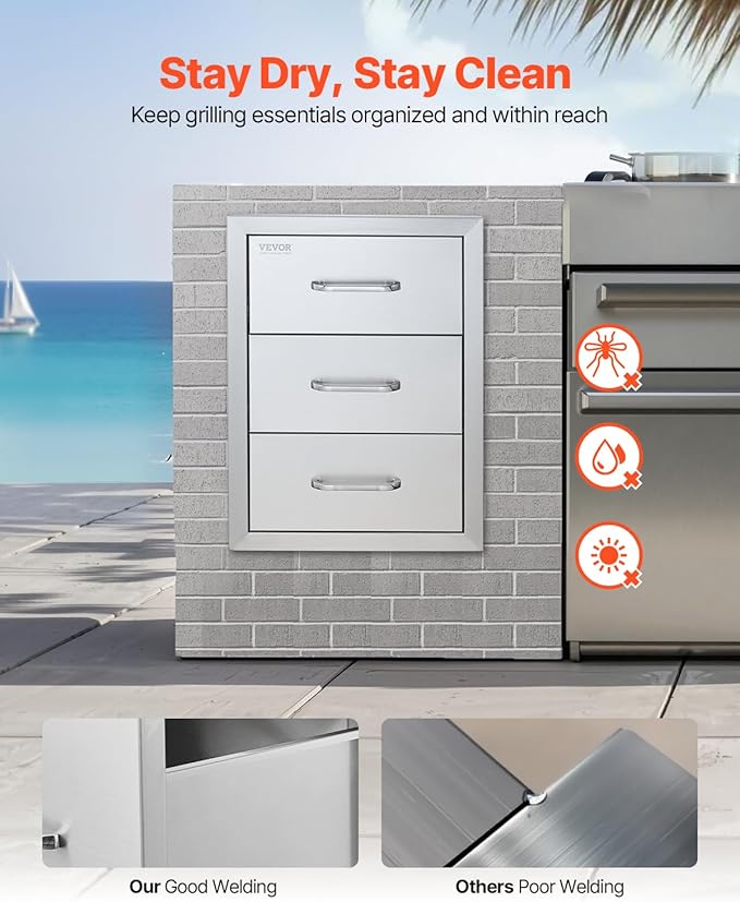 VEVOR Outdoor Kitchen Drawer Cabinets 16" W x 21.5" H x 18" D, BBQ Drawer Stainless Steel, Flush Mount Triple Access, with Handle, BBQ Island, Outdoor Grill Patio Grill Station