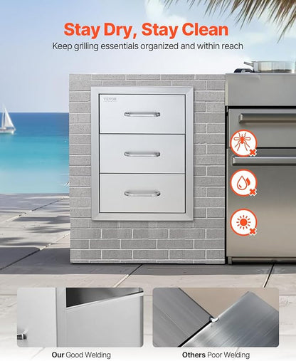VEVOR Outdoor Kitchen Drawer Cabinets 16" W x 21.5" H x 18" D, BBQ Drawer Stainless Steel, Flush Mount Triple Access, with Handle, BBQ Island, Outdoor Grill Patio Grill Station