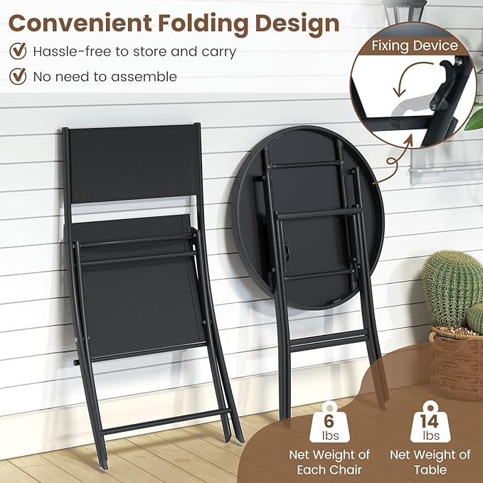 Tangkula 3 Piece Folding Bistro Set, Patio Dining Furniture with Breathable Fabric Seat & Tempered Glass Tabletop, Outdoor Metal Frame Table & Chairs Set for Backyard, Garden, Balcony