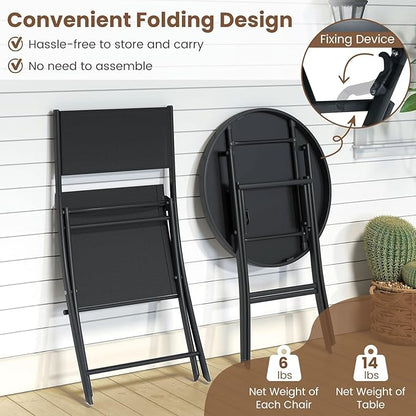 Tangkula 3 Piece Folding Bistro Set, Patio Dining Furniture with Breathable Fabric Seat & Tempered Glass Tabletop, Outdoor Metal Frame Table & Chairs Set for Backyard, Garden, Balcony