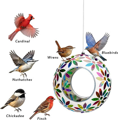 VCUTEKA Bird Feeder for Outside Hanging with Round Shape Glass Container to Attract More Wild Birds, Mosaic Fly Through for Garden, Yard, Backyard, Deck and Porch Decor, 7-Inch