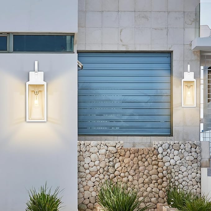 Large Outdoor Wall Lights, 19 Inch White Exterior Light Fixture, Waterproof Front Porch Lighting, Modern Sconces Lantern with Clear Glass Shade for House, Garage