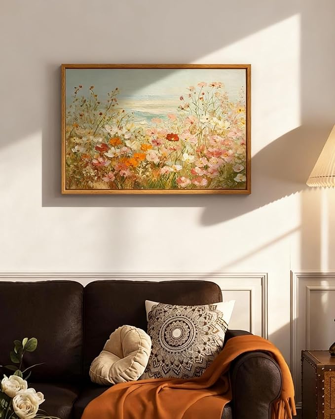 InSimSea Framed Canvas Art Hand-Painted Vintage Wildflower Art,16x24inch, Textured Floral Landscape Paintings Artwork Wall Decor for Living Dining Room Hallway, Coastal Beach Nature Picture